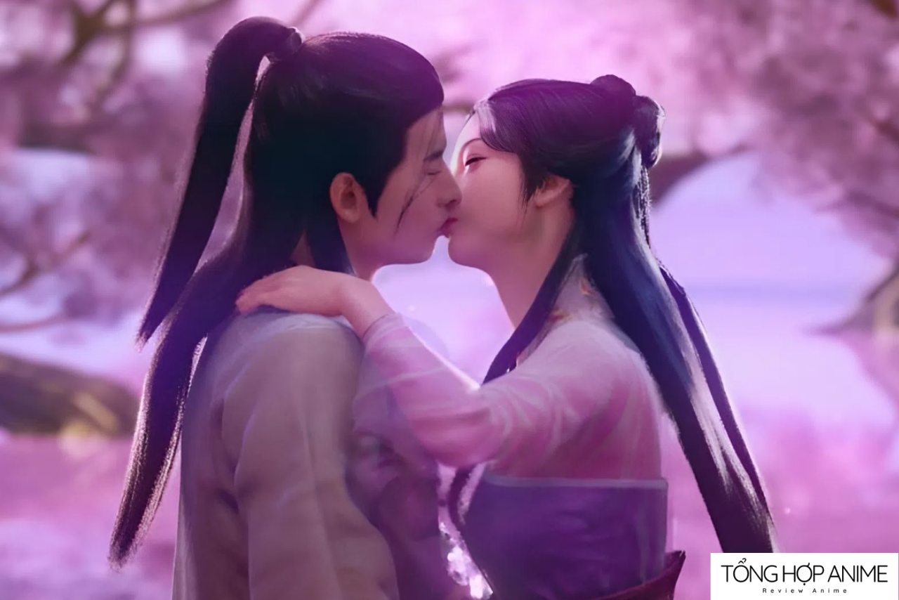 Nam Cung Uyển và Hàn Lập trao nhau nụ hôn giữa khung trời hoa đào, biểu tượng của tình yêu vĩnh cửu.
