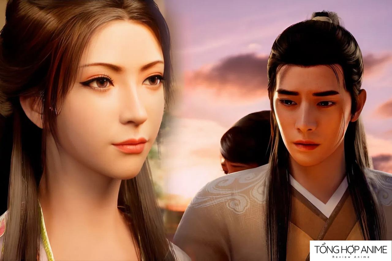 Nam Cung Uyển trong trang phục bay bổng, mái tóc đen dài và ánh mắt dịu dàng.