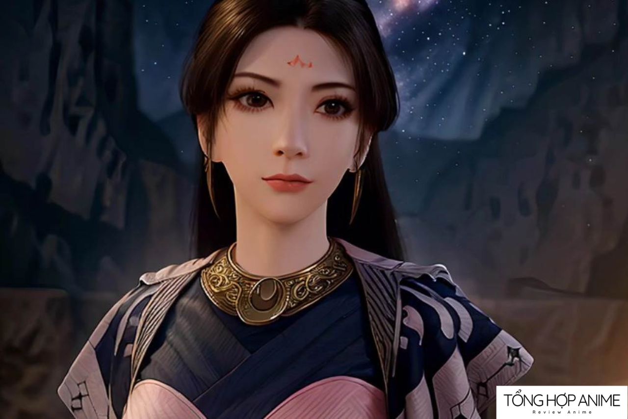 Nam Cung Uyển với mái tóc dài suôn mượt, ánh mắt xa xăm như đang suy tư.